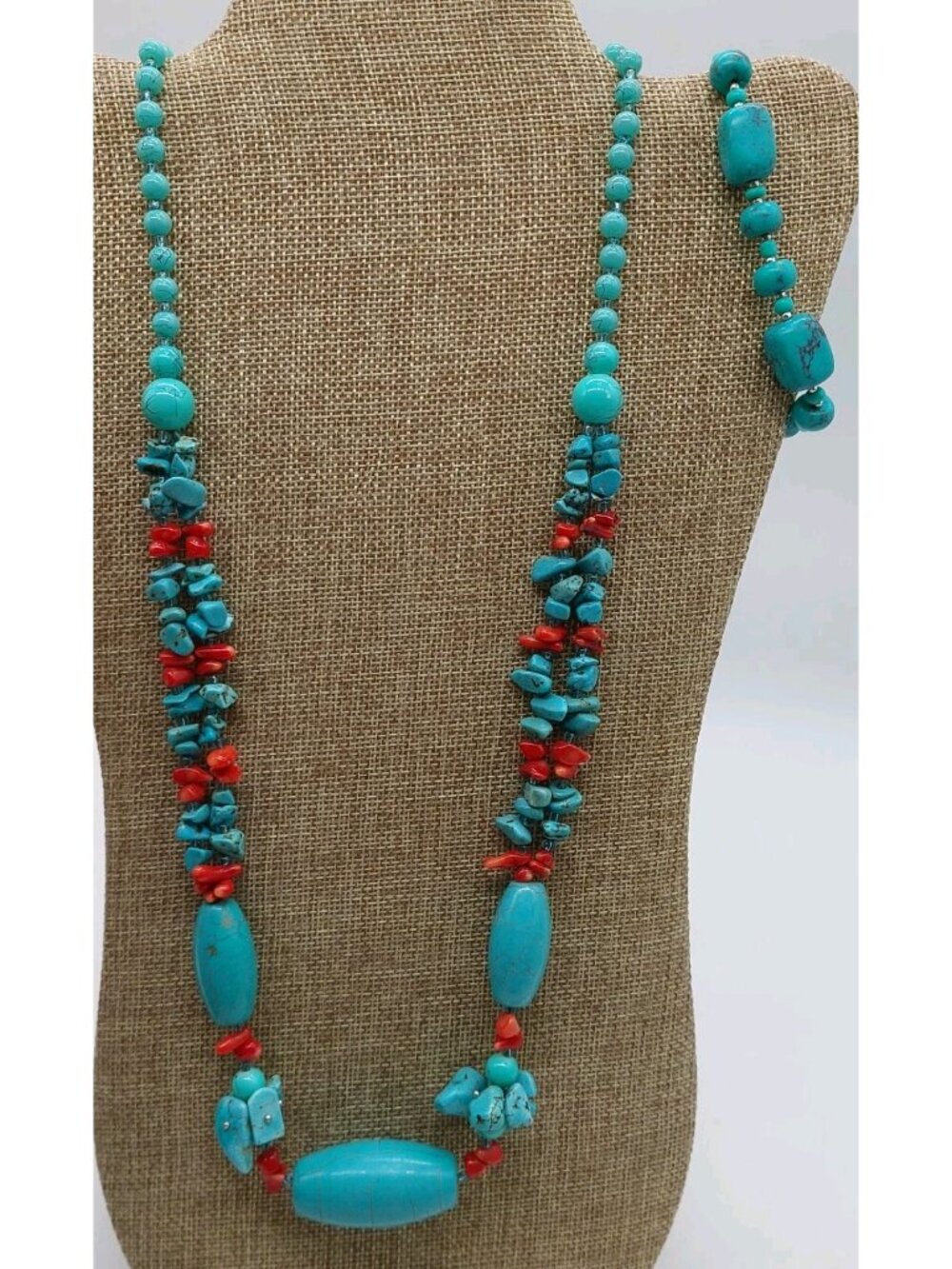Turquoise and Red Beads Necklace With Turquoise Bracelet